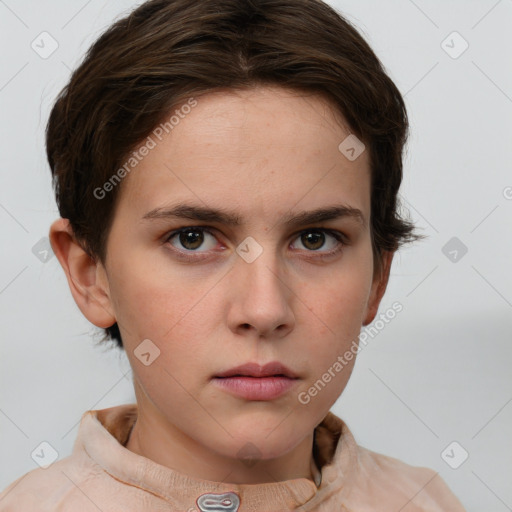 Neutral white young-adult female with short  brown hair and brown eyes