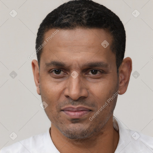 Neutral white adult male with short  black hair and brown eyes