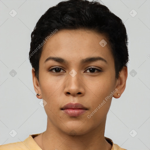 Neutral asian young-adult female with short  black hair and brown eyes