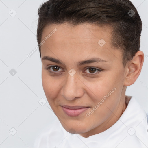 Joyful white young-adult female with short  brown hair and brown eyes