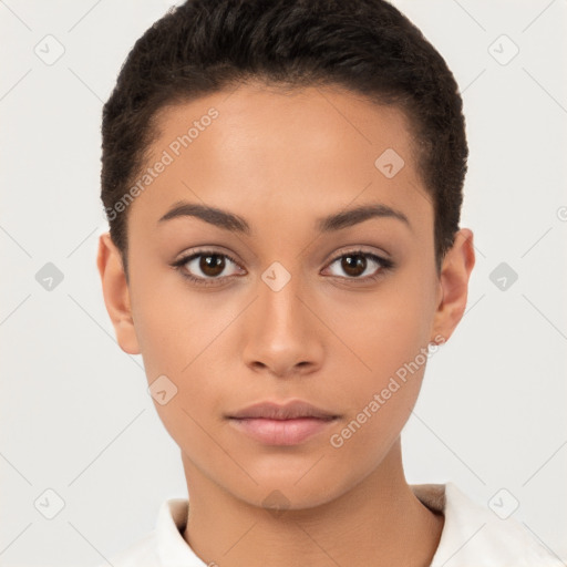 Neutral white young-adult female with short  brown hair and brown eyes