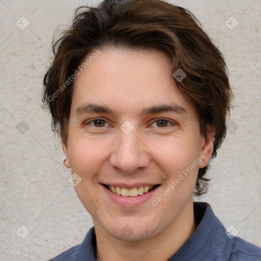 Joyful white young-adult male with medium  brown hair and brown eyes