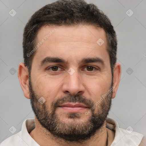 Joyful white adult male with short  brown hair and brown eyes