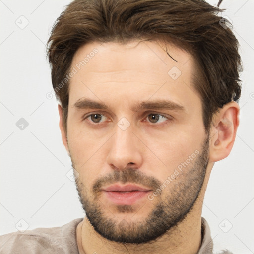 Neutral white young-adult male with short  brown hair and brown eyes