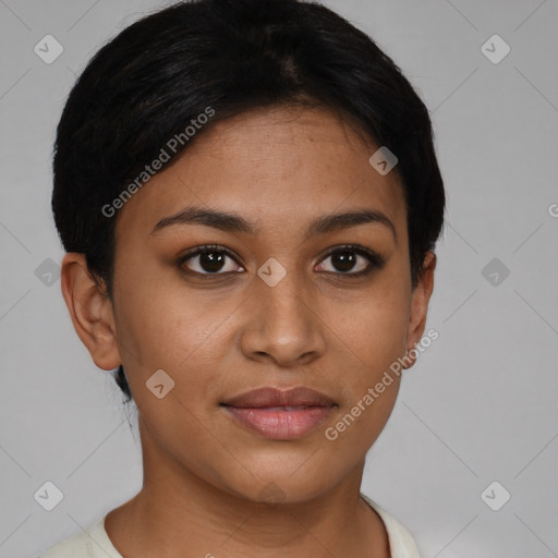 Joyful latino young-adult female with short  brown hair and brown eyes