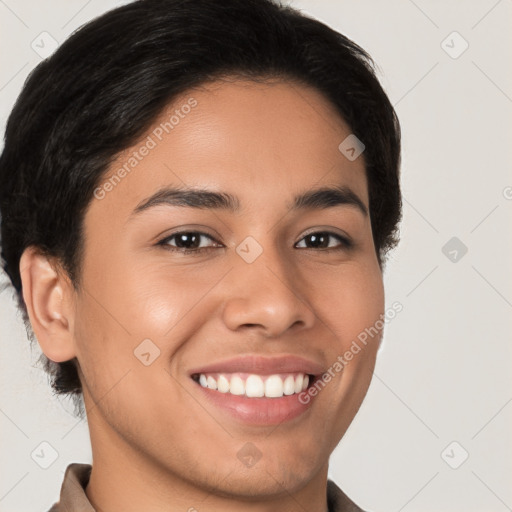 Joyful latino young-adult male with short  brown hair and brown eyes