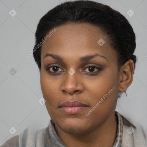 Neutral black young-adult female with short  black hair and brown eyes