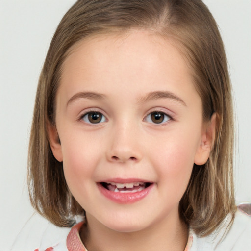 Joyful white child female with medium  brown hair and brown eyes