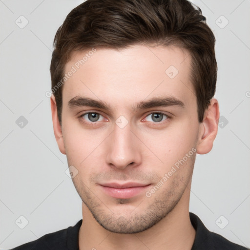 Neutral white young-adult male with short  brown hair and brown eyes