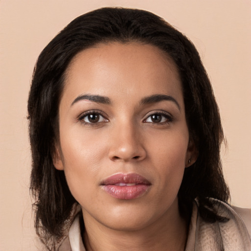 Neutral white young-adult female with medium  brown hair and brown eyes