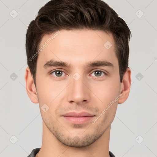 Neutral white young-adult male with short  brown hair and brown eyes