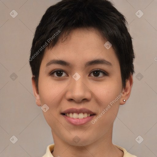 Joyful white young-adult female with short  brown hair and brown eyes