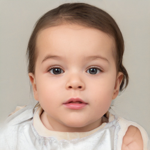 Neutral white child female with medium  brown hair and blue eyes