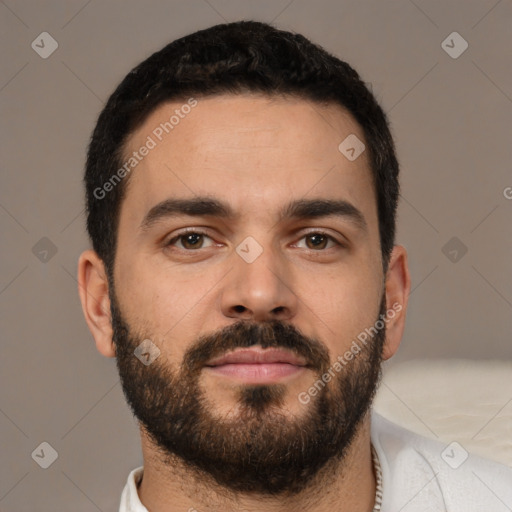 Neutral white young-adult male with short  brown hair and brown eyes