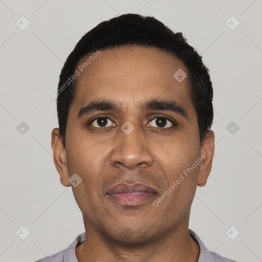 Neutral latino young-adult male with short  black hair and brown eyes