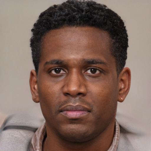 Neutral black young-adult male with short  brown hair and brown eyes