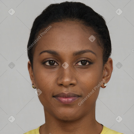 Neutral black young-adult female with short  black hair and brown eyes