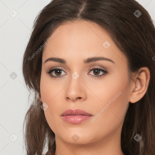 Neutral white young-adult female with long  brown hair and brown eyes