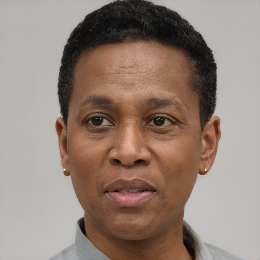 Joyful black adult male with short  black hair and brown eyes