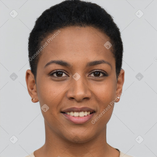 Joyful black young-adult female with short  black hair and brown eyes