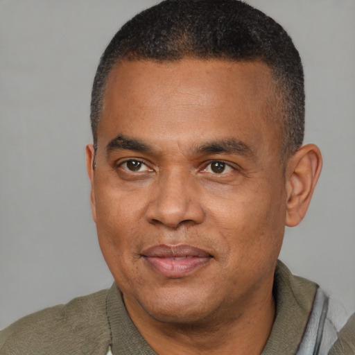 Joyful latino adult male with short  brown hair and brown eyes