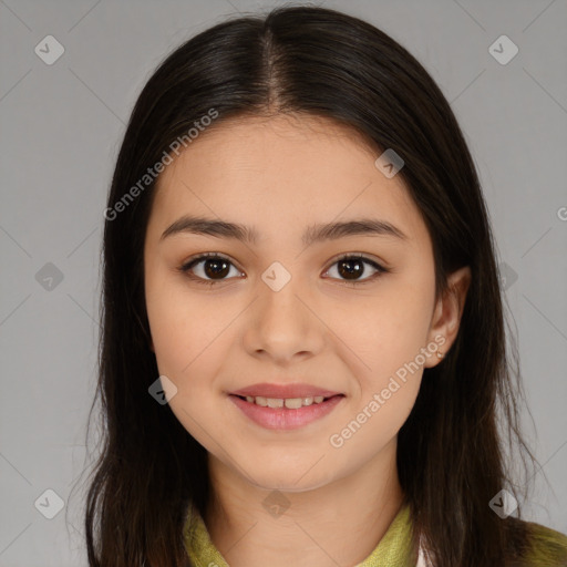 Joyful asian young-adult female with long  brown hair and brown eyes