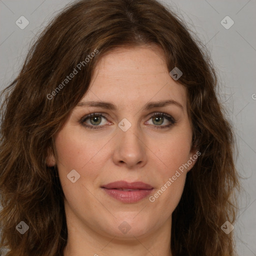 Joyful white young-adult female with long  brown hair and green eyes