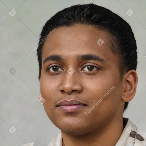Neutral black young-adult male with short  black hair and brown eyes