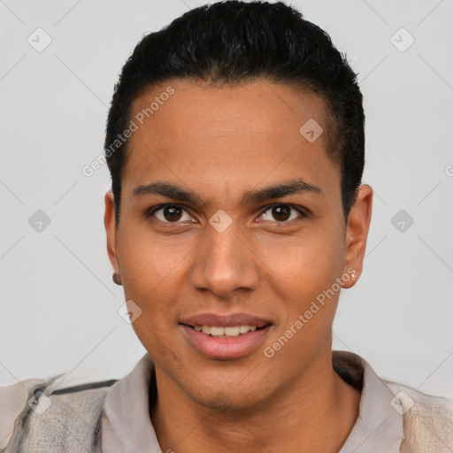 Joyful latino young-adult male with short  black hair and brown eyes