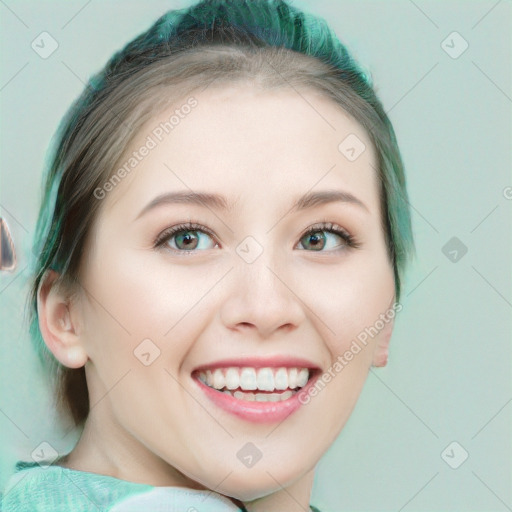 Joyful white young-adult female with medium  brown hair and green eyes