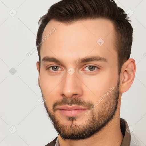 Neutral white young-adult male with short  brown hair and brown eyes