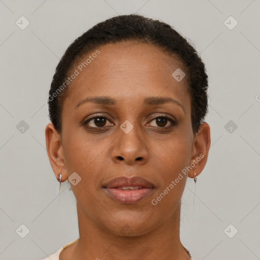 Neutral black young-adult female with short  brown hair and brown eyes