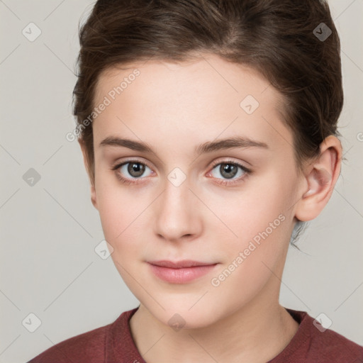 Neutral white young-adult female with short  brown hair and brown eyes