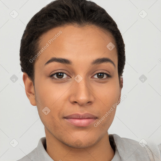 Joyful white young-adult female with short  brown hair and brown eyes