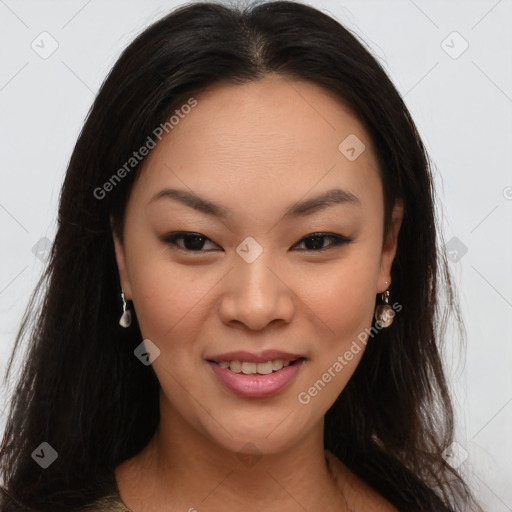 Joyful asian young-adult female with long  brown hair and brown eyes