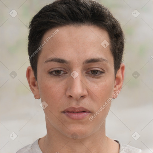 Neutral white young-adult female with short  brown hair and brown eyes