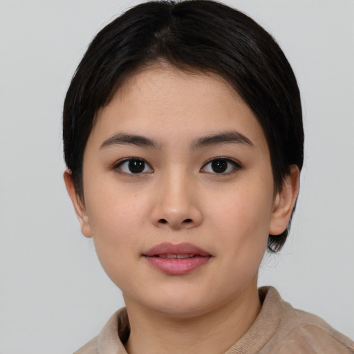 Neutral white young-adult female with medium  black hair and brown eyes