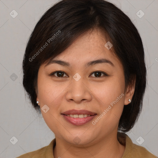 Joyful white young-adult female with medium  brown hair and brown eyes