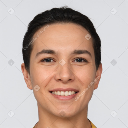 Joyful white young-adult male with short  brown hair and brown eyes