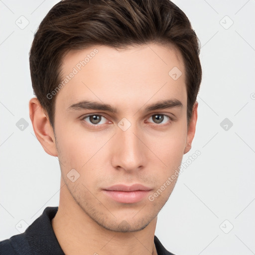 Neutral white young-adult male with short  brown hair and brown eyes