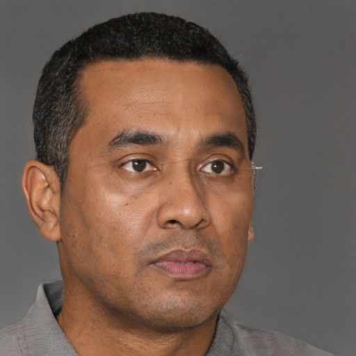 Neutral black adult male with short  brown hair and brown eyes