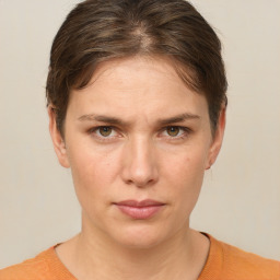 Neutral white young-adult female with short  brown hair and grey eyes