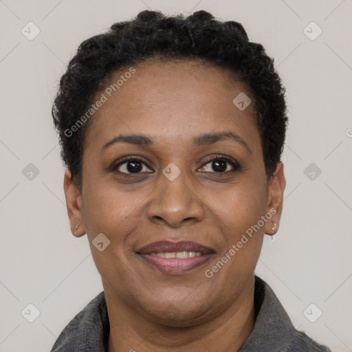 Joyful black adult female with short  brown hair and brown eyes