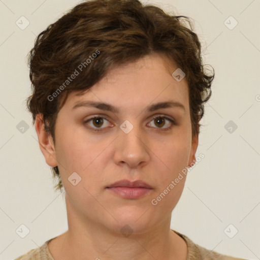 Neutral white young-adult female with short  brown hair and brown eyes