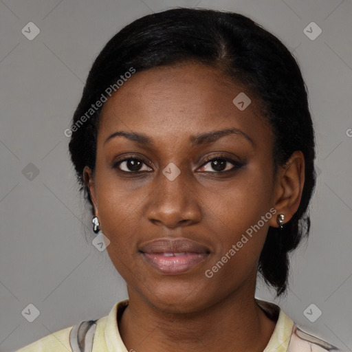 Neutral black young-adult female with short  black hair and brown eyes