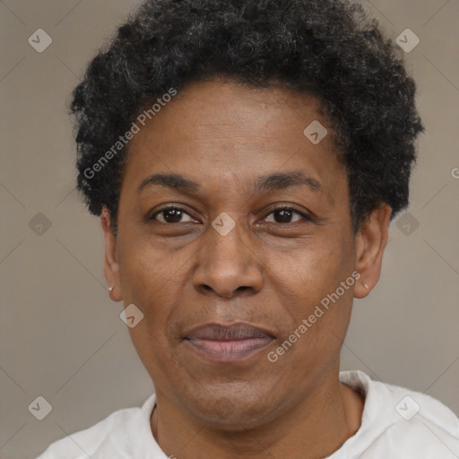 Joyful black adult male with short  black hair and brown eyes