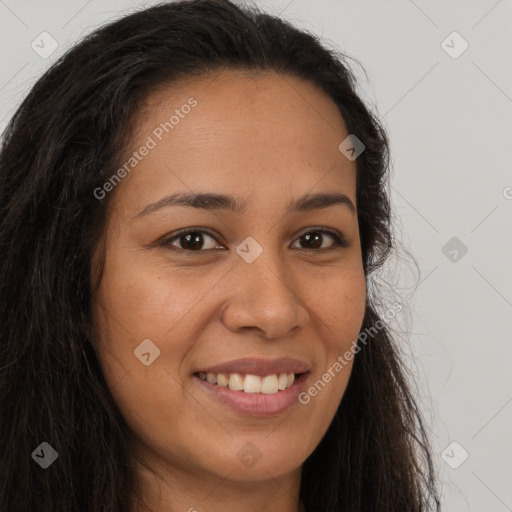 Joyful latino young-adult female with long  brown hair and brown eyes