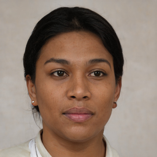Neutral black young-adult female with short  brown hair and brown eyes