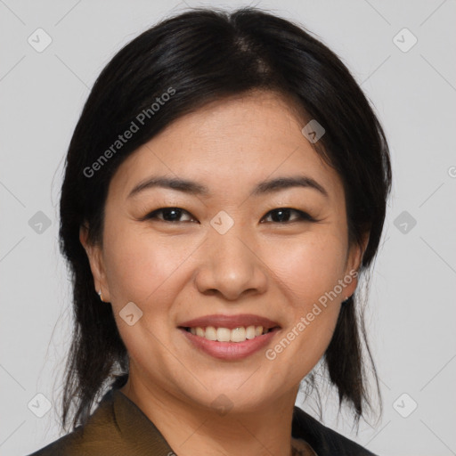 Joyful white young-adult female with medium  brown hair and brown eyes