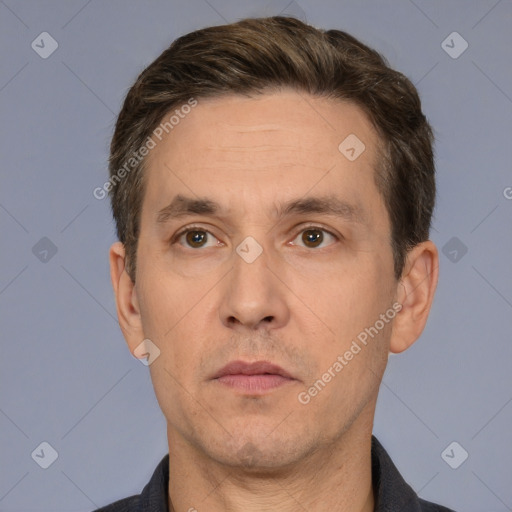 Neutral white adult male with short  brown hair and brown eyes